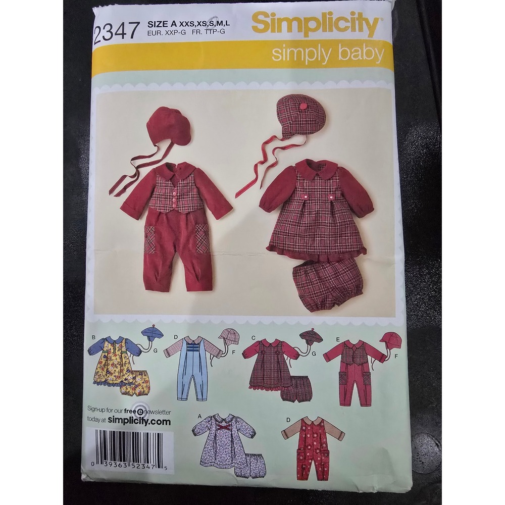 Simplicity 2347 Baby Sewing Pattern Romper Dress Panties Hats Size XXS-L
